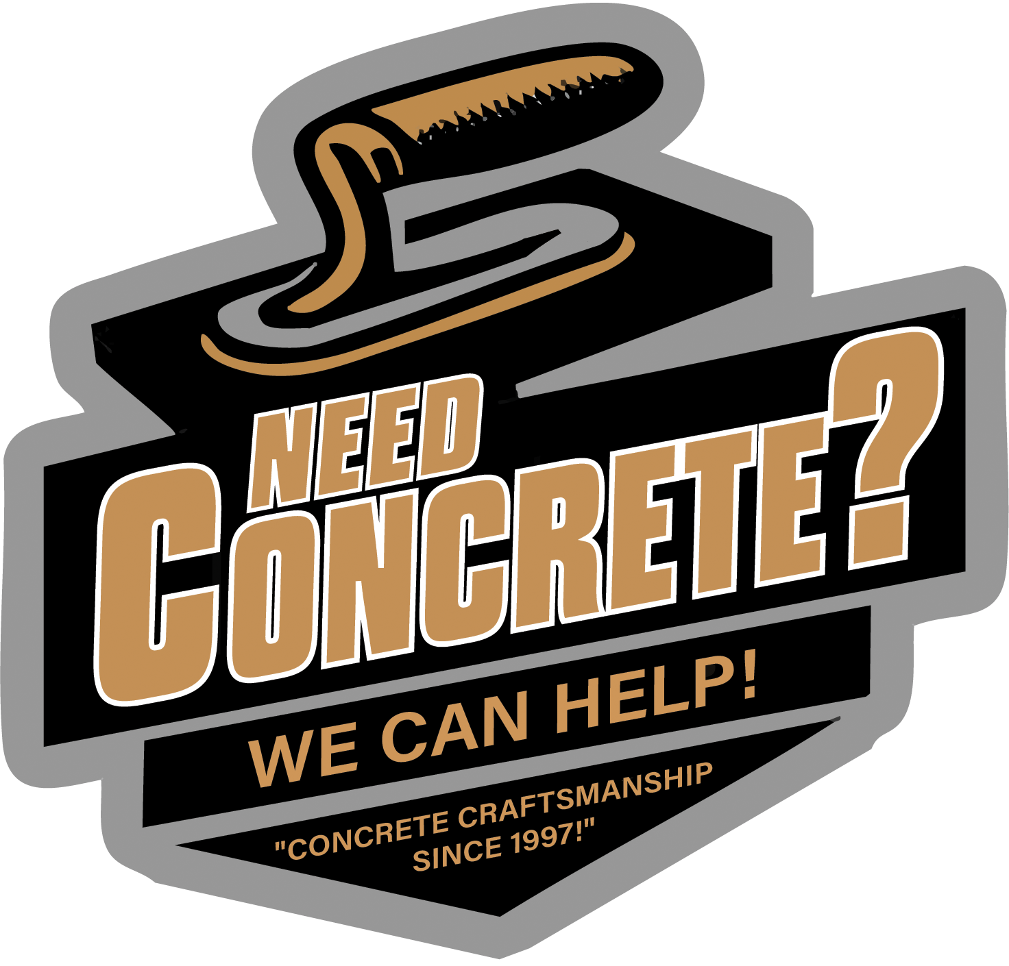 Need Concrete? logo featuring a concrete hand trowel, representing expert craftsmanship, durability, and professional concrete services in Spokane.