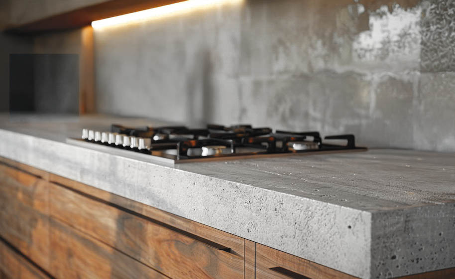 Custom concrete countertop with polished finish installed in a modern Spokane kitchen