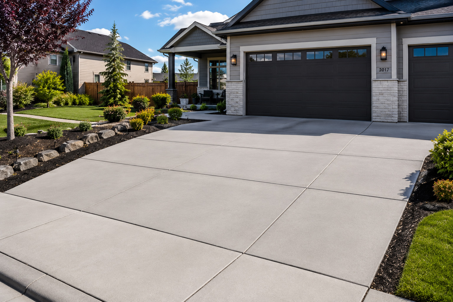 Modern concrete driveway in Spokane in front of a contemporary home with landscaped yard and clean concrete finish