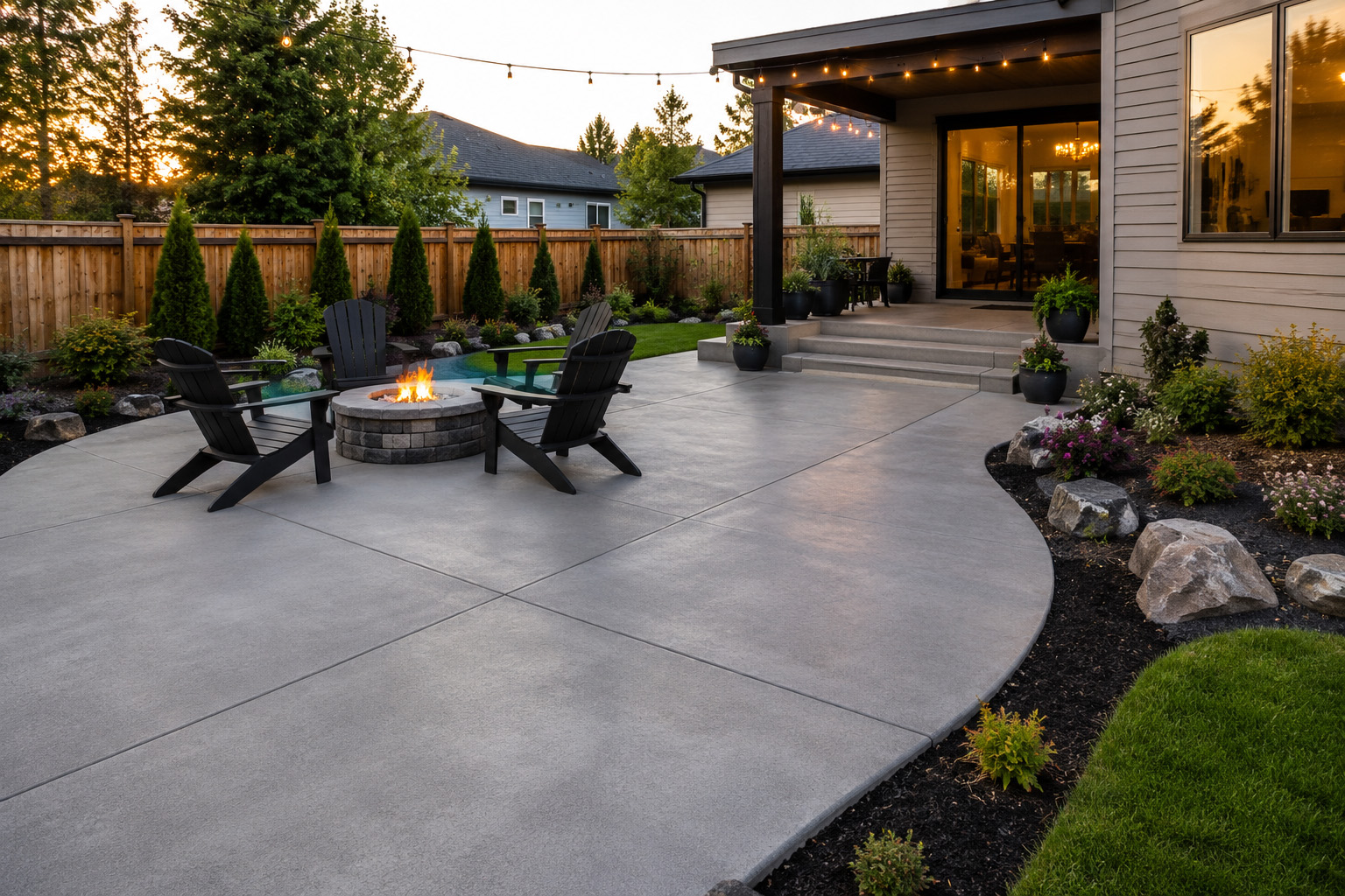 Modern concrete patio in Spokane with outdoor fire pit, seating area, landscaping, and covered backyard entertaining space