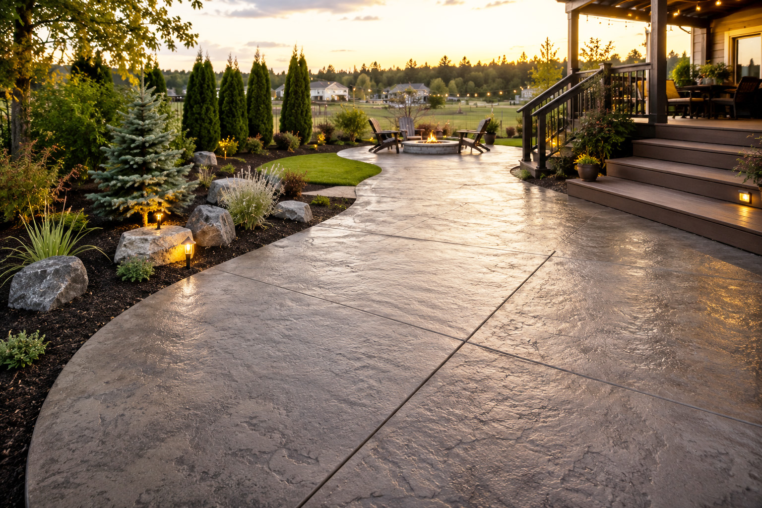 Stamped concrete patio in Spokane with curved walkway, fire pit seating area, landscape lighting, and sunset outdoor living space
